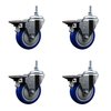 Service Caster 4 Inch Blue Polyurethane 38 Inch Threaded Stem Caster Set with Brake SCC-TS20S414-PPUB-BLUE-PLB-381615-4